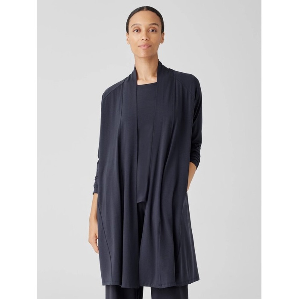 Eileen Fisher Stretch Jersey Knit Long Jacket S Navy Open Front Cardigan Minimal